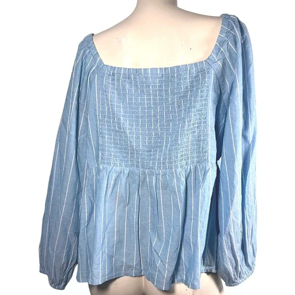 Old Navy Blouse Womens XL Blue Striped Smocked Ruched Sweetheart Neck Top New - Picture 2 of 6